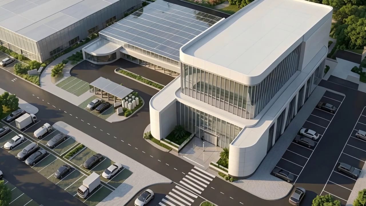 Aerial view of the Tathmeer AgriTech Centre campus and its solar-shaded parking